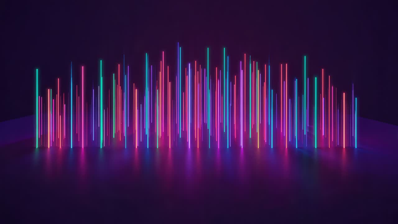Starting playback causing neon rods pulsing changing heights in studio creating wave on shiny floor
