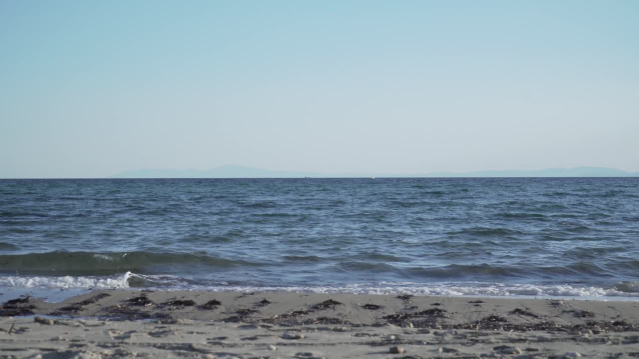 Gentle ocean waves roll onto sandy beach under clear blue sky, peaceful seascape relaxation view.