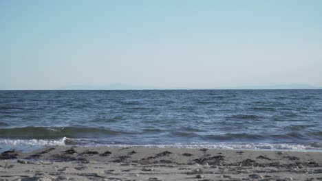 gentle ocean waves roll onto sandy beach under clear blue sky, peaceful seascape relaxation view.