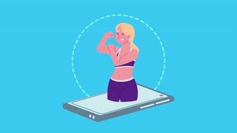 chica de fitness rubia en el teléfono inteligente