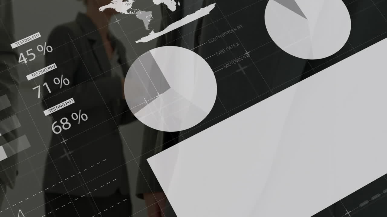 animación de estadísticas y procesamiento de datos sobre el apretón de manos de un empresario