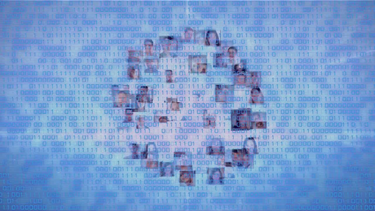 Light trails over network of profile icons against blue background