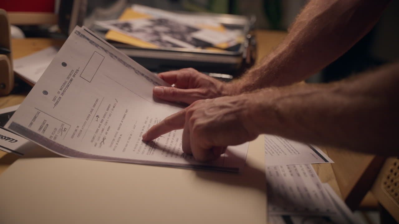 Close-up of hands flipping through a stack of top secret and classified documents on a desk. Confidential paperwork hints at espionage, intelligence gathering, or secret investigation