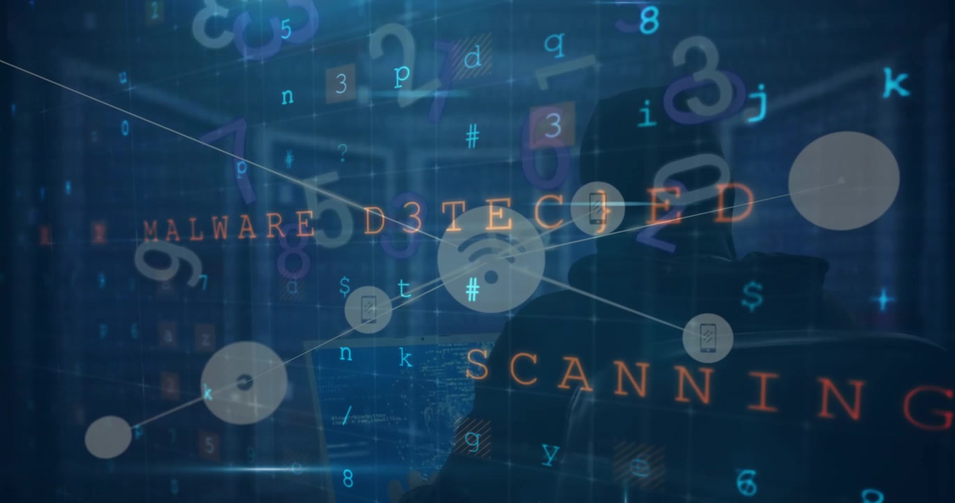 Hacker Working on Computer with Digital Security Warnings and Network Graphics
