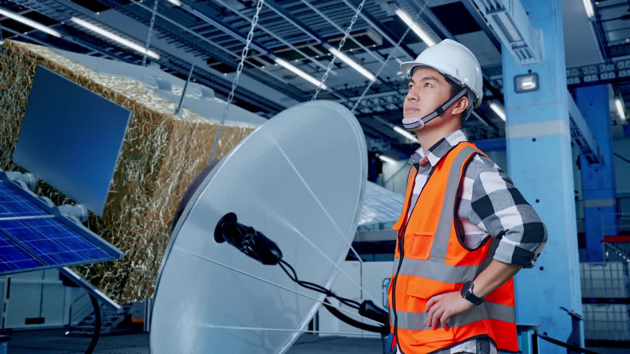 ingeniero que inspecciona el equipo de satélite en una instalación
