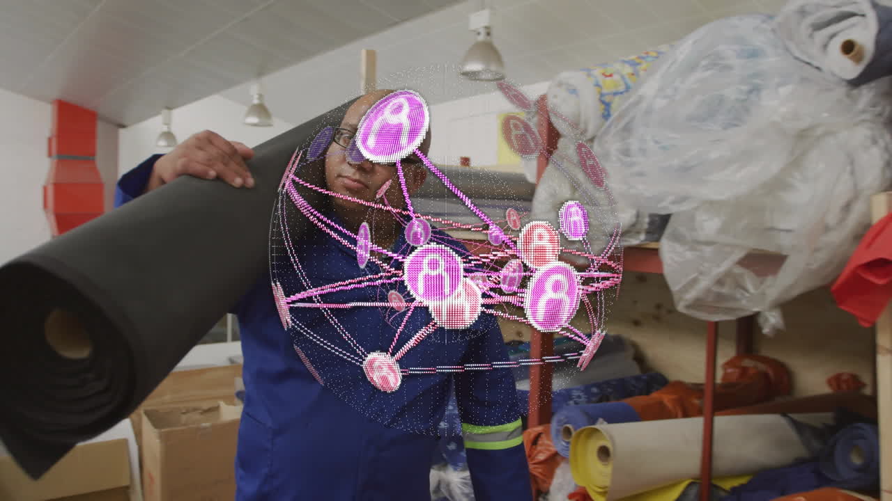 man inspecting material roll in industrial workshop, featuring holographic network sphere floating