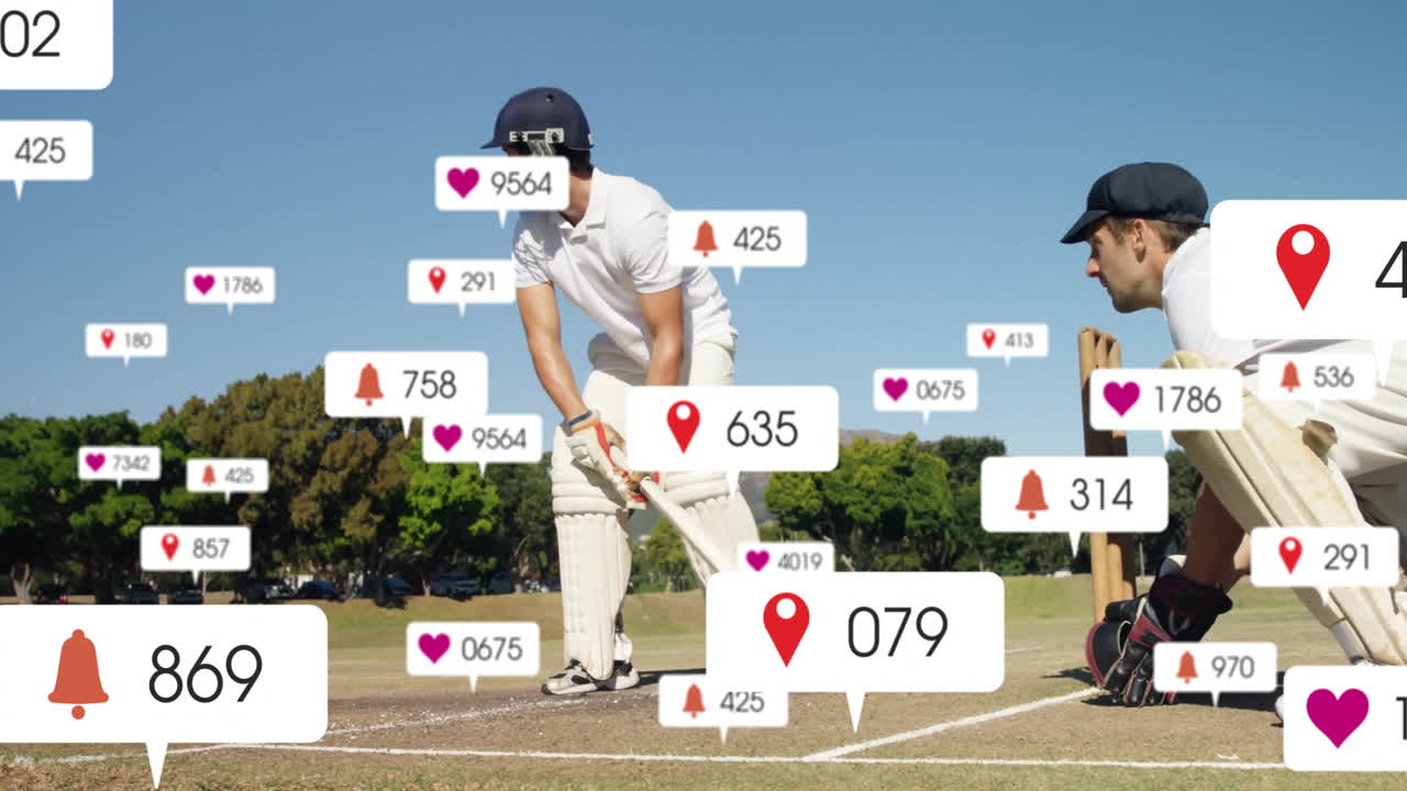 Playing cricket on field, players with animation of social media notifications