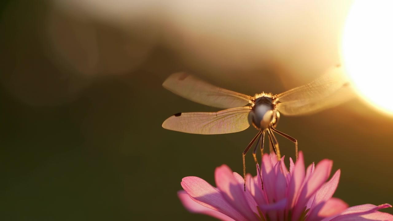 Una libellula serena e pacifica è immortalata mentre riposa su un vivace fiore rosa in un ambiente esterno soleggiato. La morbida illuminazione naturale e lo sfondo sfocato esaltano l'atmosfera tranquilla