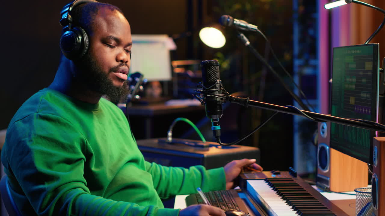 Professional artist writes new verses for a song in home studio