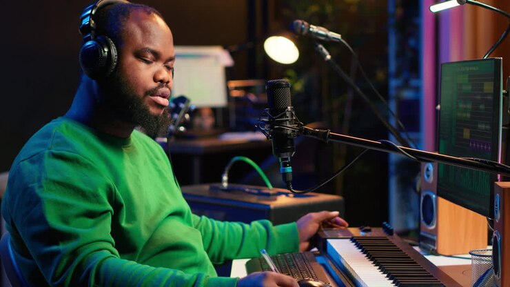 Un artista professionista scrive nuovi versi per una canzone in studio domestico