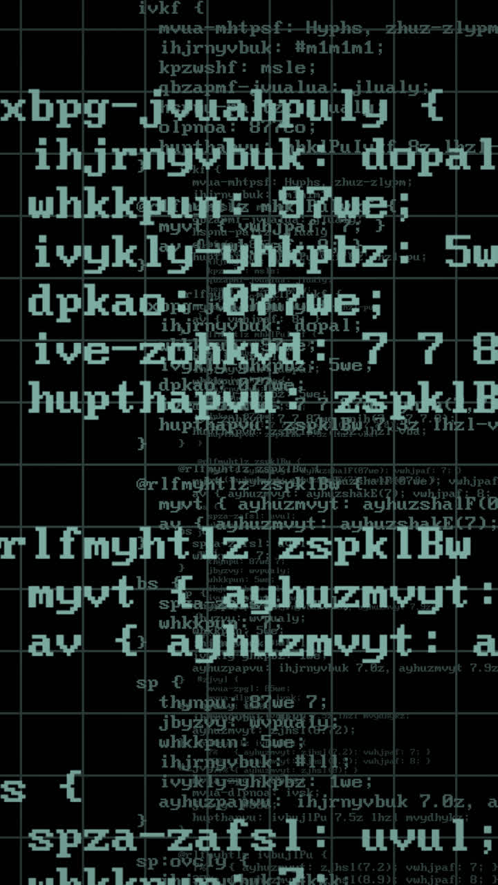 Computer cyber attack hacking code overlays animate on black grid screen