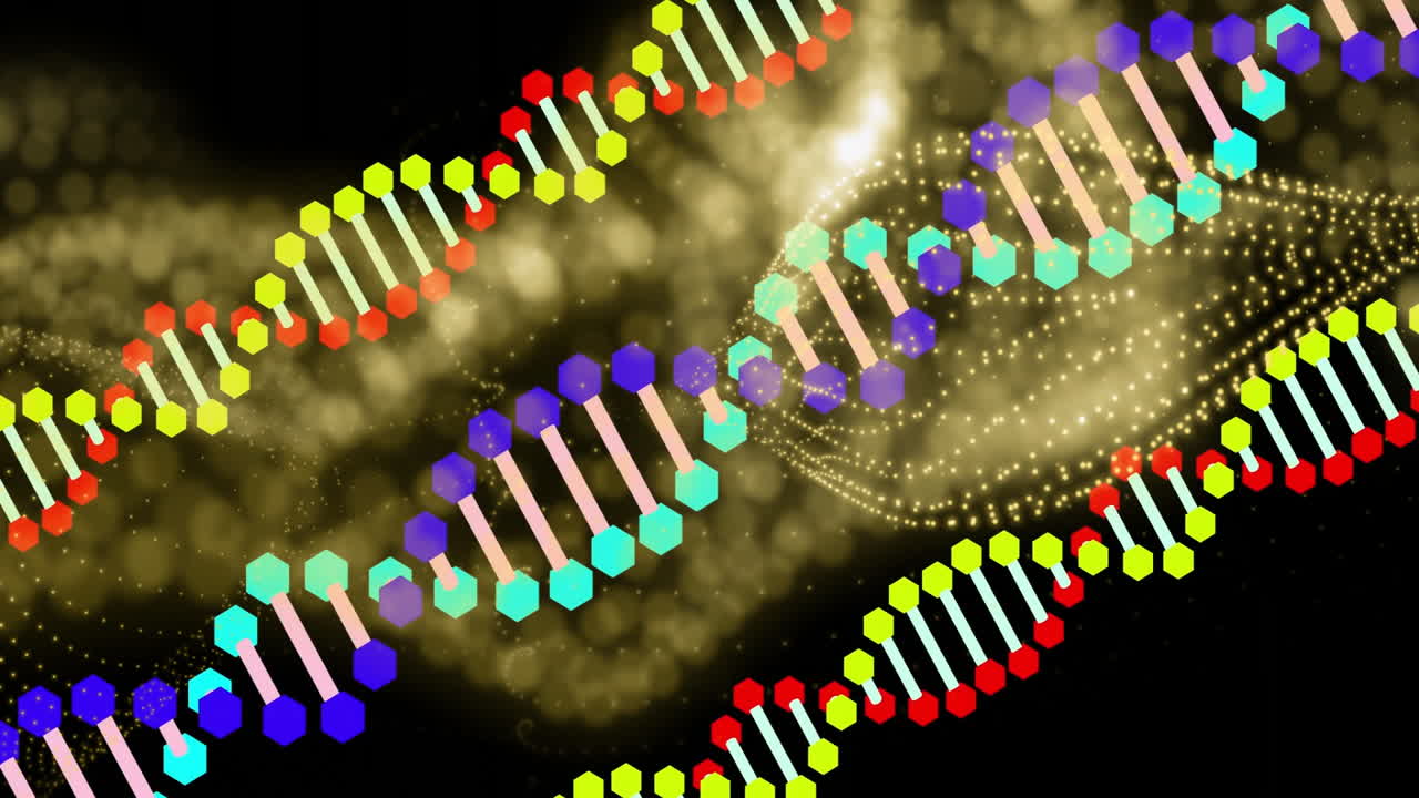 Stylized DNA double-helix floating over dark space, with hexagon nodes and golden particle waves