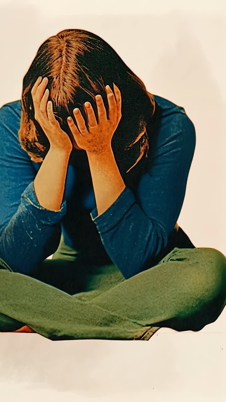 A video still shows a person sitting cross-legged, head in hands, from a front angle