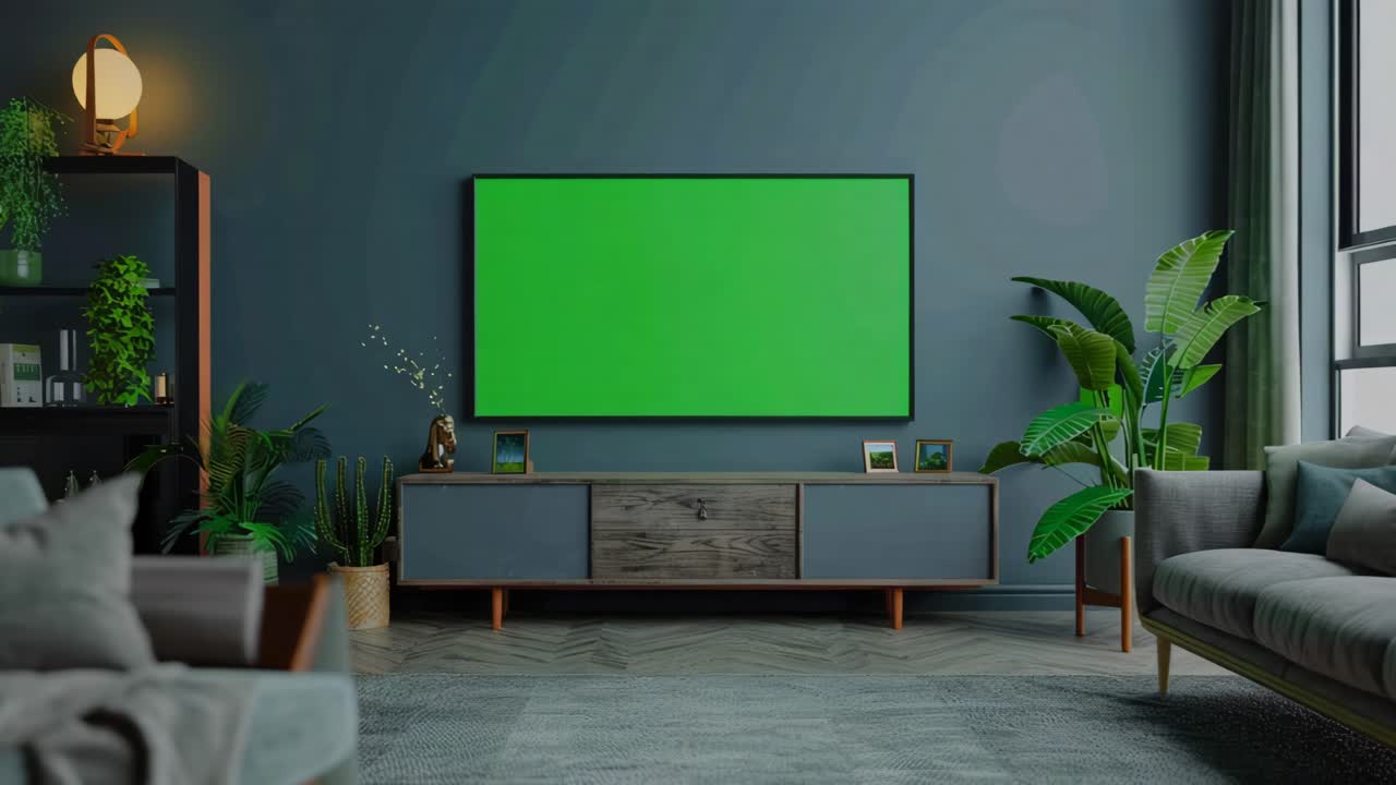 Modern Living Room with Green Screen TV