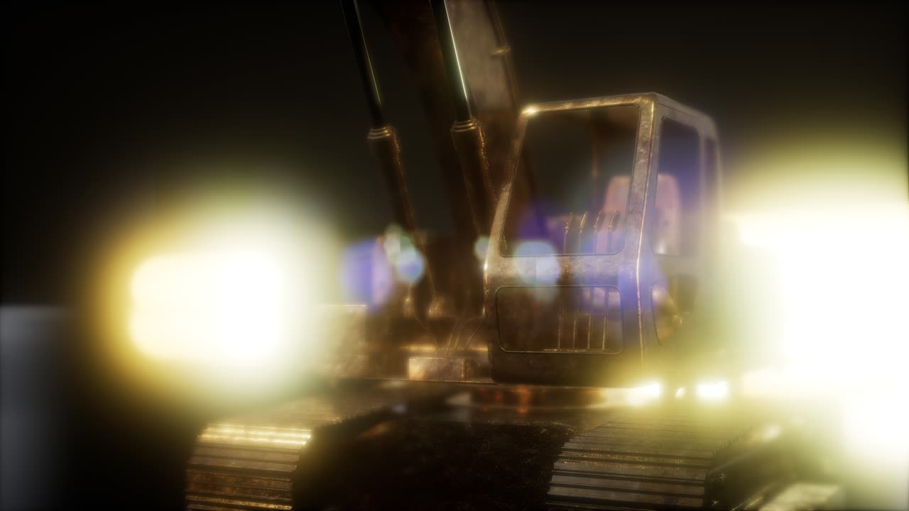 excavadora en la oscuridad con luces brillantes