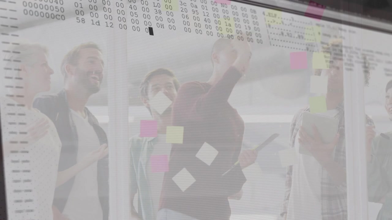 Team placing sticky notes on glass wall, initiating hex overlay, shifting brainstorm into data code