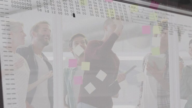Team placing sticky notes on glass wall, initiating hex overlay, shifting brainstorm into data code