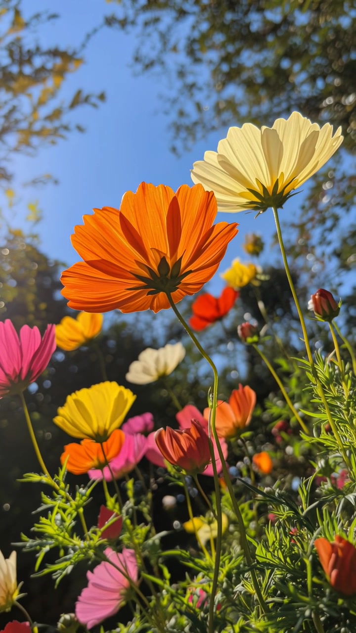 Las vibrantes flores del cosmos florecen bajo un cielo azul claro