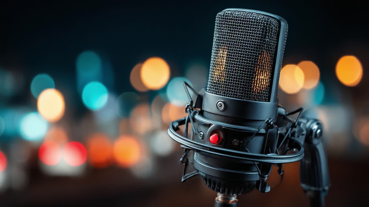 High-Quality Microphone Captured in Night Setting with Blurred Colorful Lights in Background, Ideal for Professional Audio Recording or Podcasting
