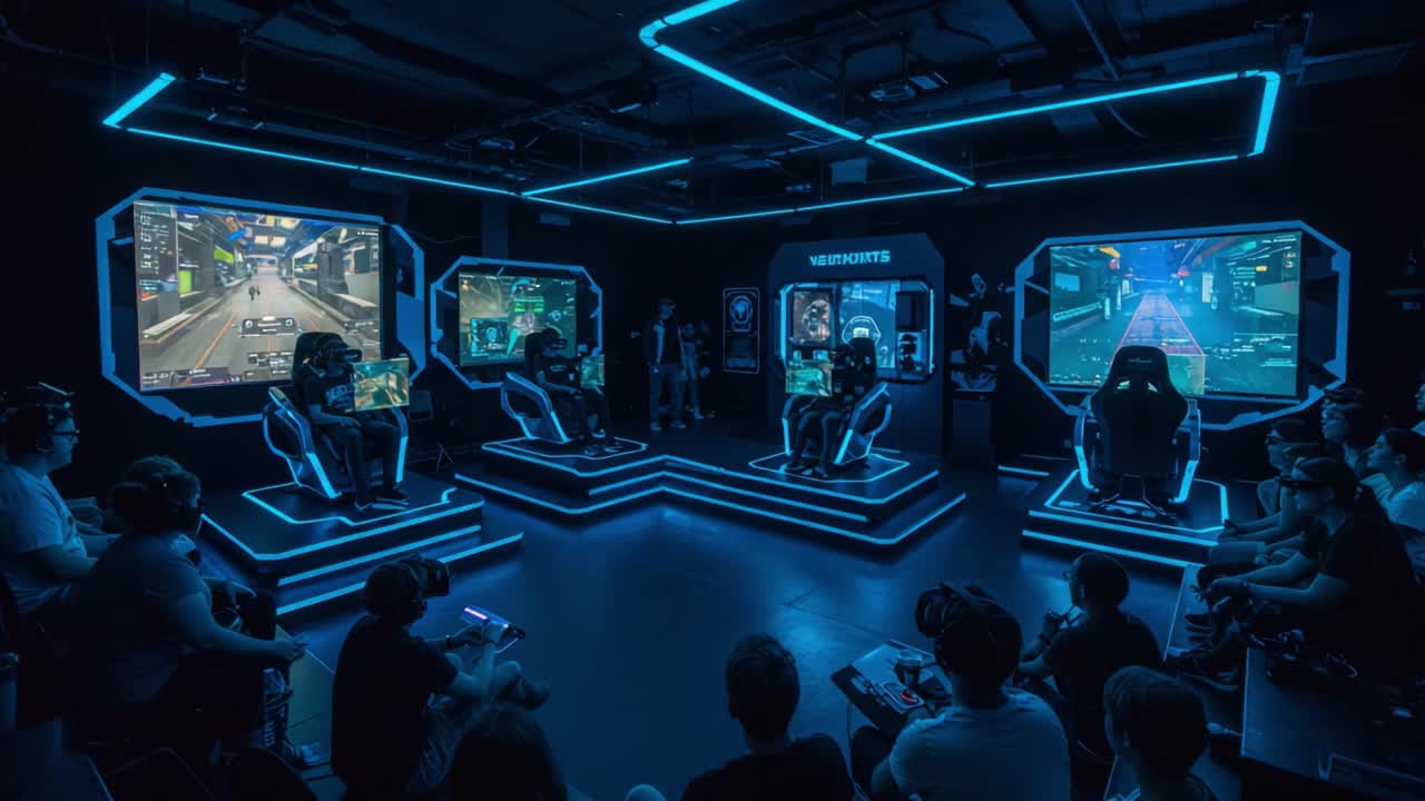 High-Energy Gaming Tournament Showcasing Innovative Multiplayer Competition with Advanced Technology in a Futuristic Venue Filled with Spectators and Participants