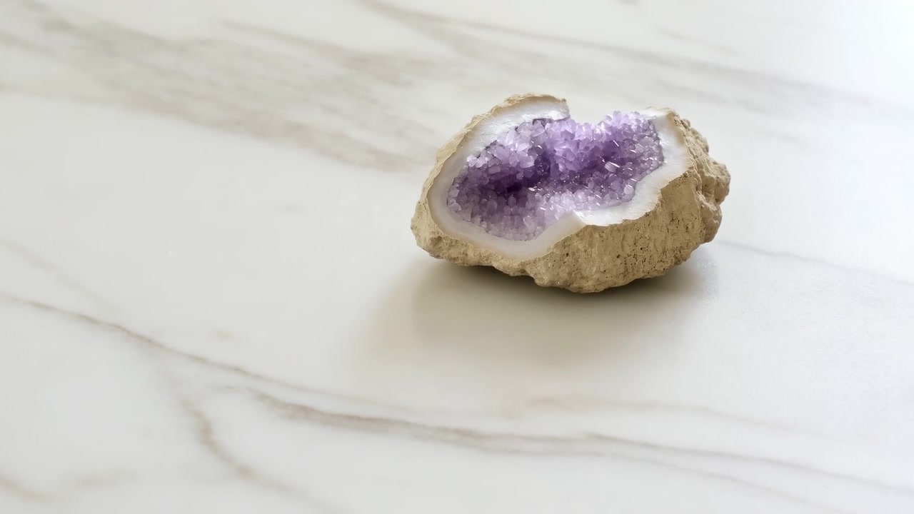 Una serena geoda de amatista se exhibe estáticamente sobre una superficie de mármol, ofreciendo una estética tranquila y natural. La perspectiva cenital resalta los tonos beige y blancos con un matiz púrpura.