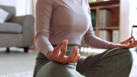 meditation, calm and yoga woman on living room