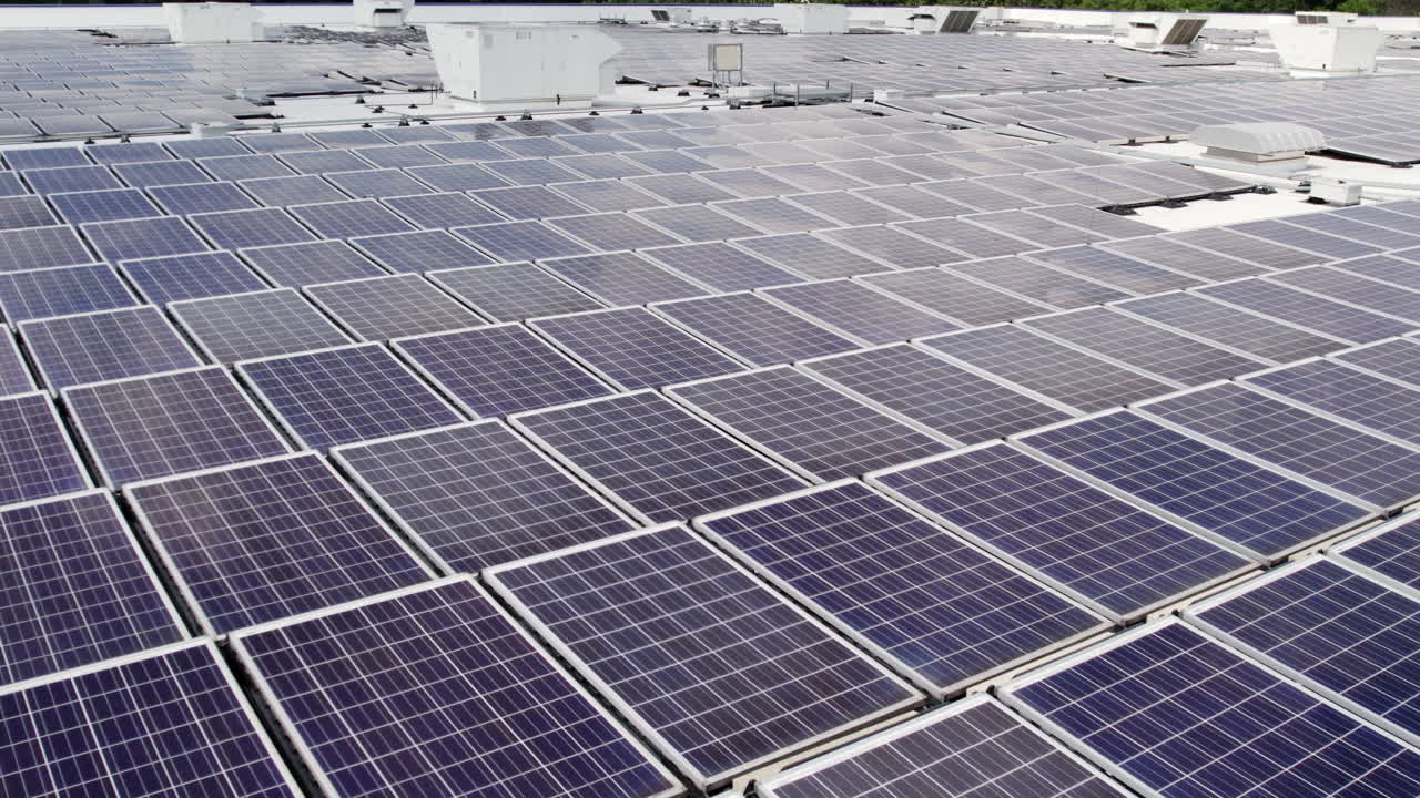 Aerial footage of a large solar array.