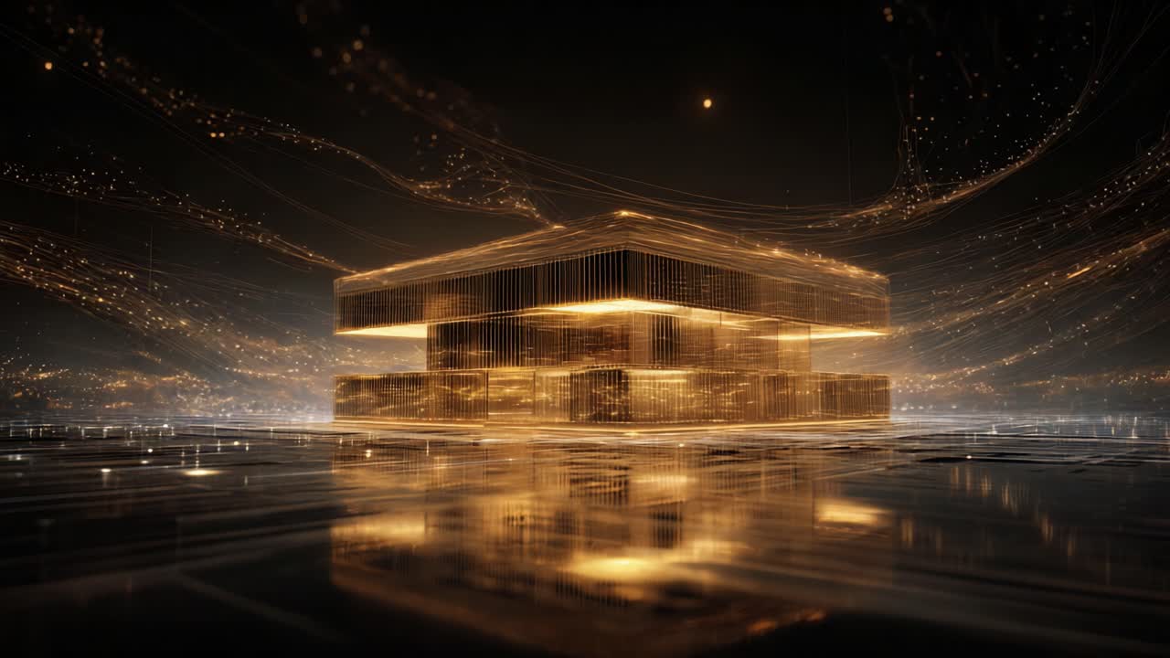 A Stunning Visual Representation of a Golden Structure Amidst a Dynamic Digital Landscape, Emphasizing Modern Aesthetics and Technological Innovation with Radiant Light Effects