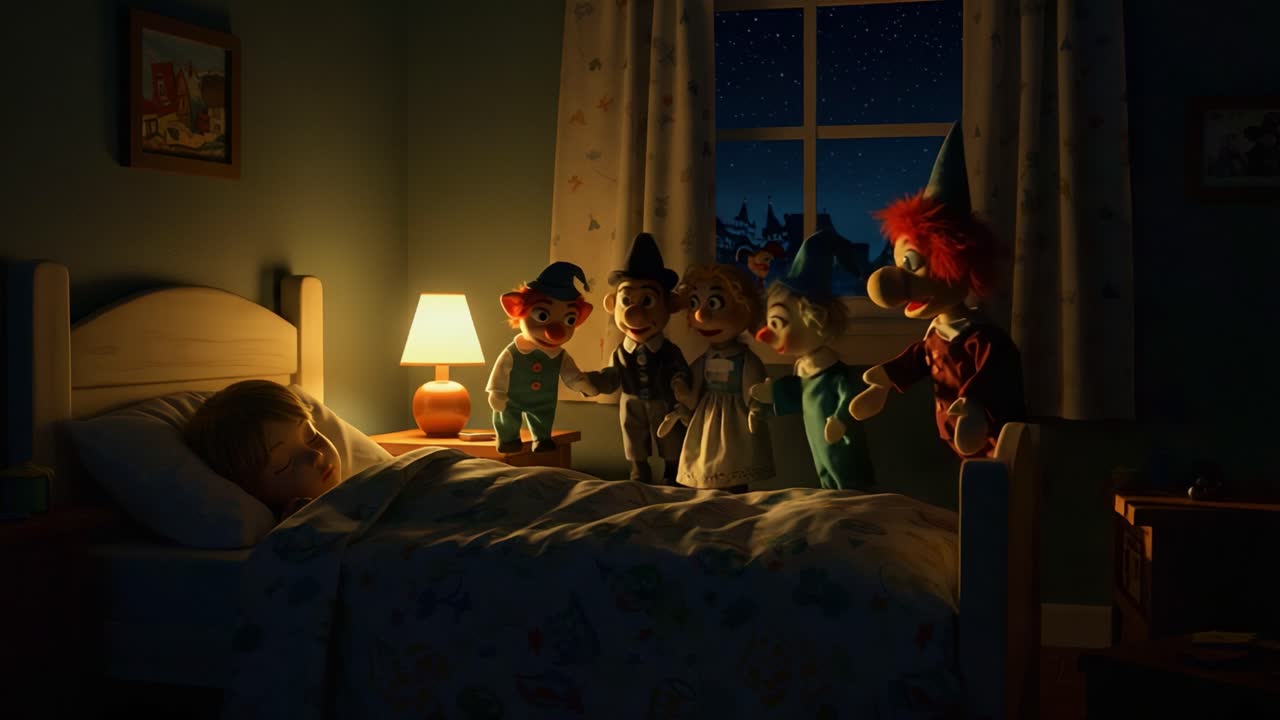 A Mysterious Encounter: Enchanted Puppets Gather Around a Sleeping Child in a Shadowy Room, Under the Glimmering Night Sky and Soft Glow of a Bedside Lamp
