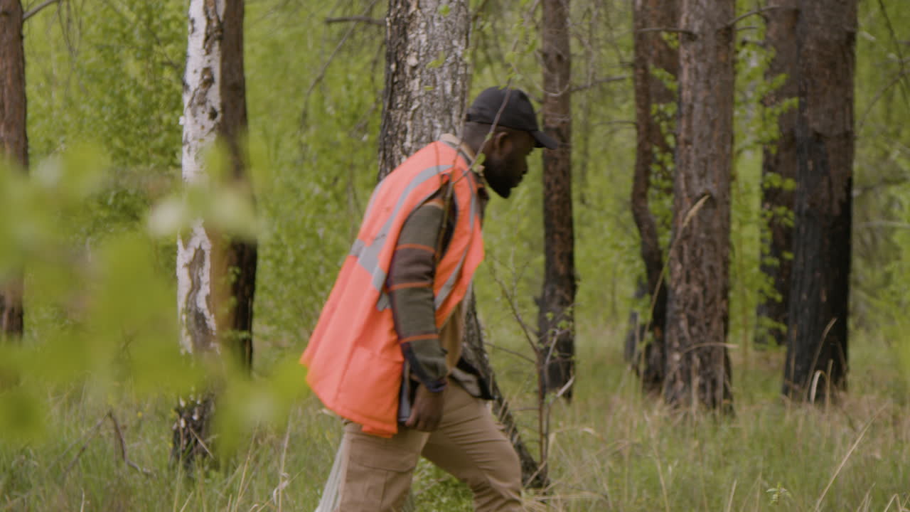 숲 속을 걷는 다민족 생태학자 그룹의 원경