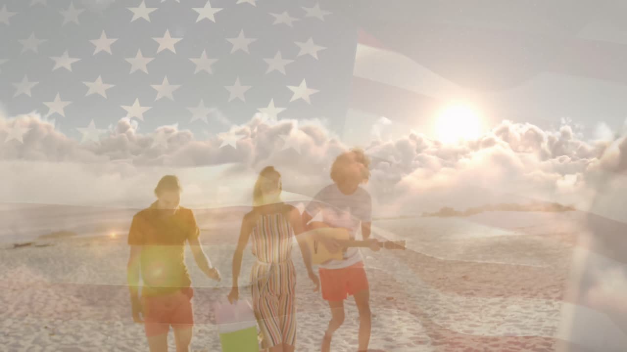 Animation of flag of united states of america over happy diverse friends on beach