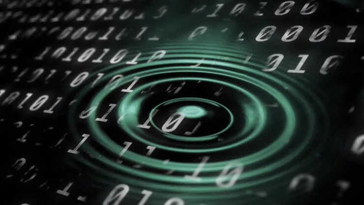 Animation of water drop falling over binary code on black background