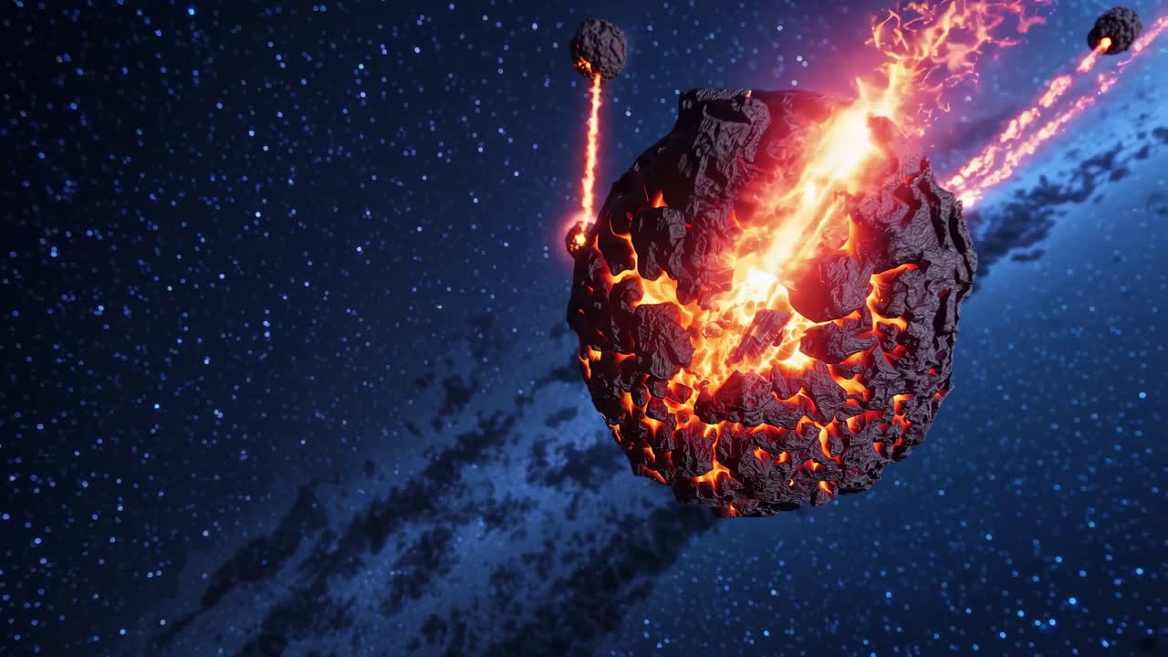 Fiery asteroid hurtling through space, erupting with molten lava and glowing embers, showcasing dynamic movement and cosmic energy in a breathtaking celestial scene