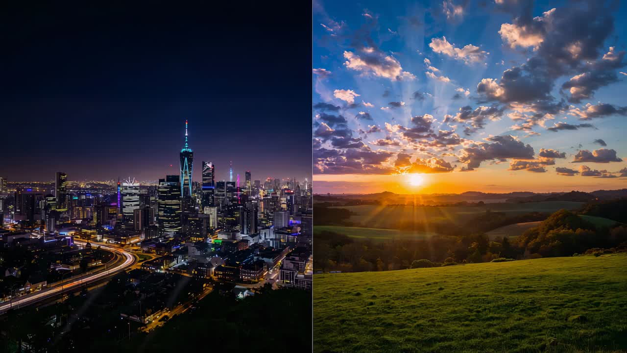 Showing split-screen skyscrapers pulsing at night, rising sun brightening grassy hills, copy space