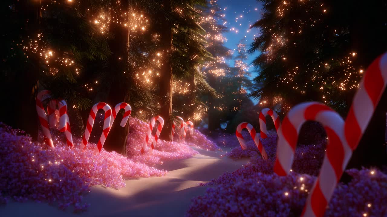 A Enchanted Candy Cane Forest Illuminated by Glowing Lights and Surrounded by Beautiful Pink Flowers, Creating a Magical and Whimsical Scene Perfect for Holiday Celebrations and Festive Gatherings