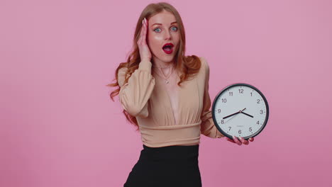 confused woman with anxiety checking time on clock, running late to work, being in delay, deadline