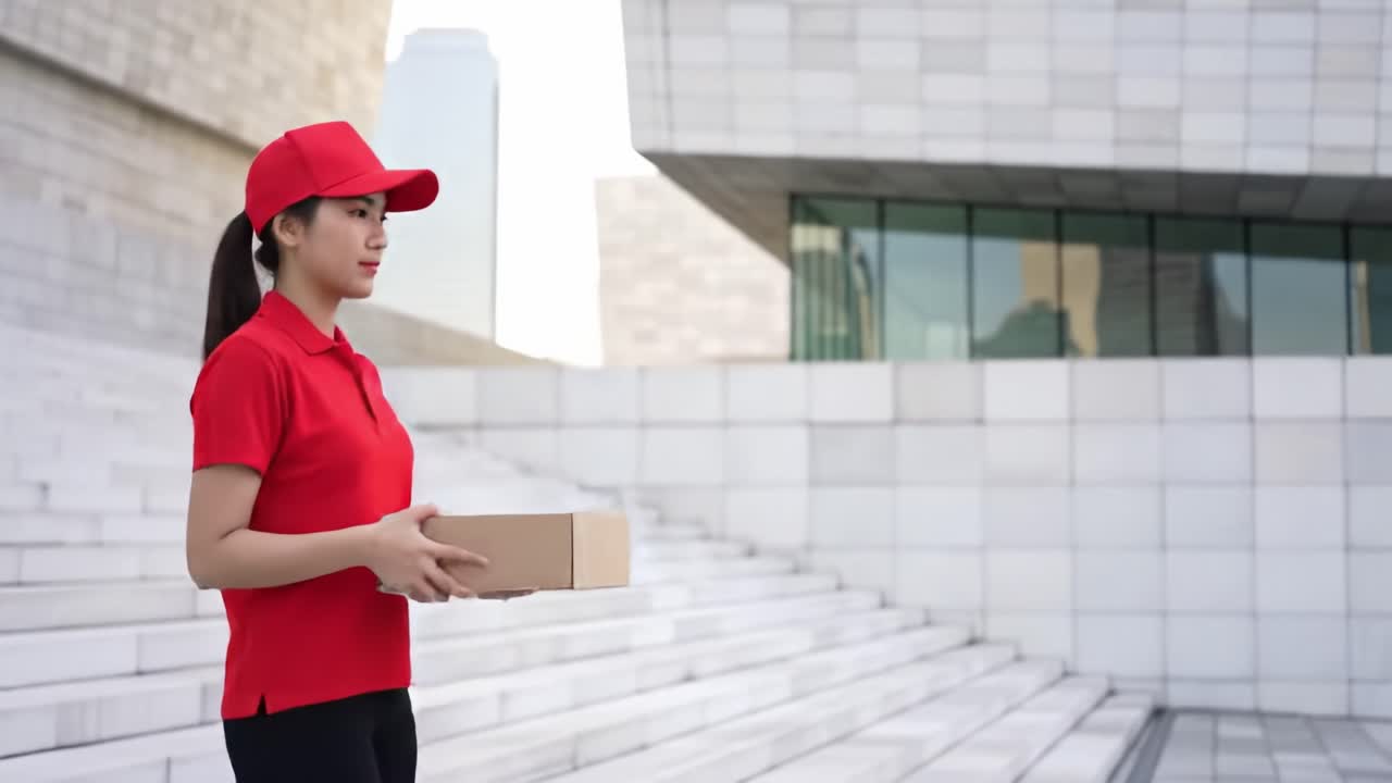A delivery worker in a red uniform holds a small package while standing on steps of a modern building. The scene captures a calm yet busy city atmosphere, highlighting urban logistics.