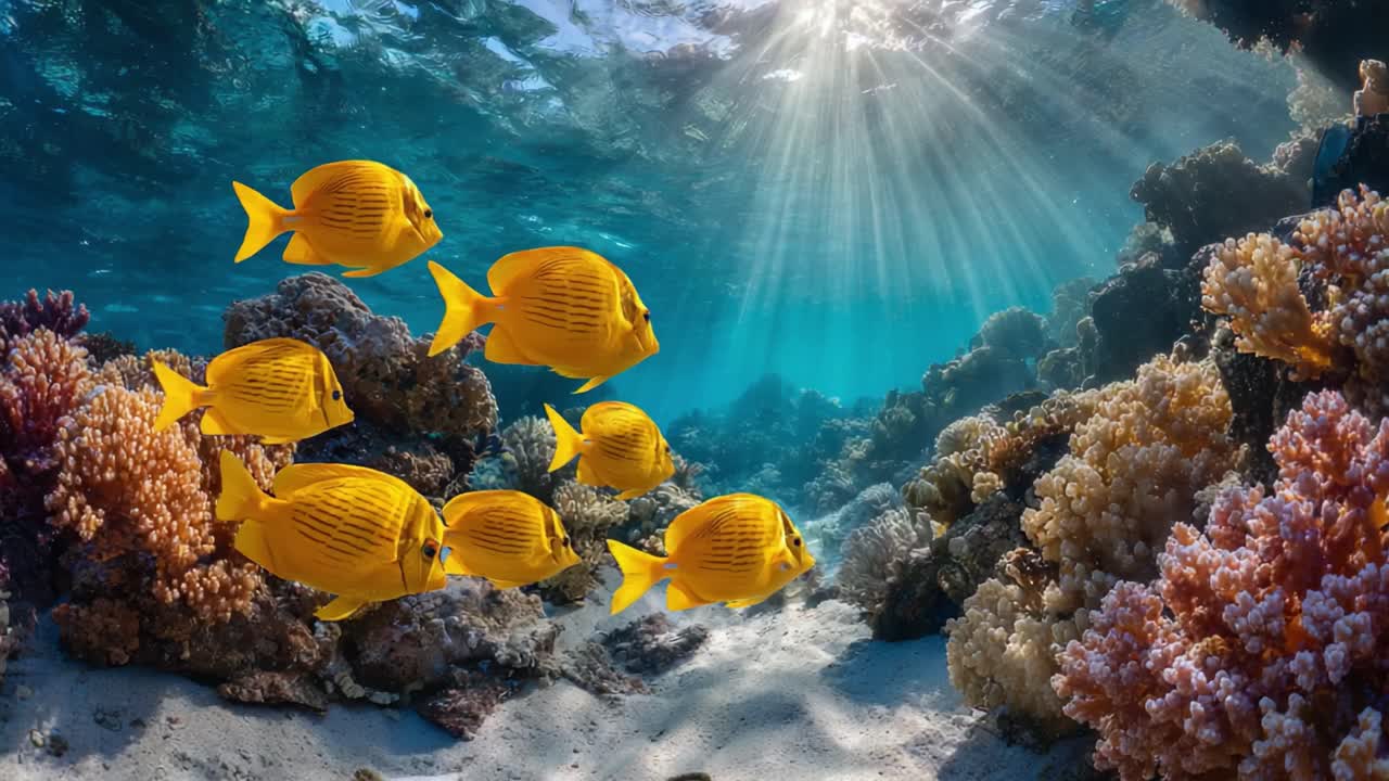 Escena submarina con vibrantes peces amarillos nadando graciosamente entre arrecifes de coral iluminados por la luz solar que se filtra a través de la superficie del océano