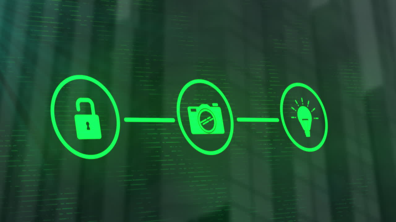 animación de una red de iconos digitales contra edificios altos