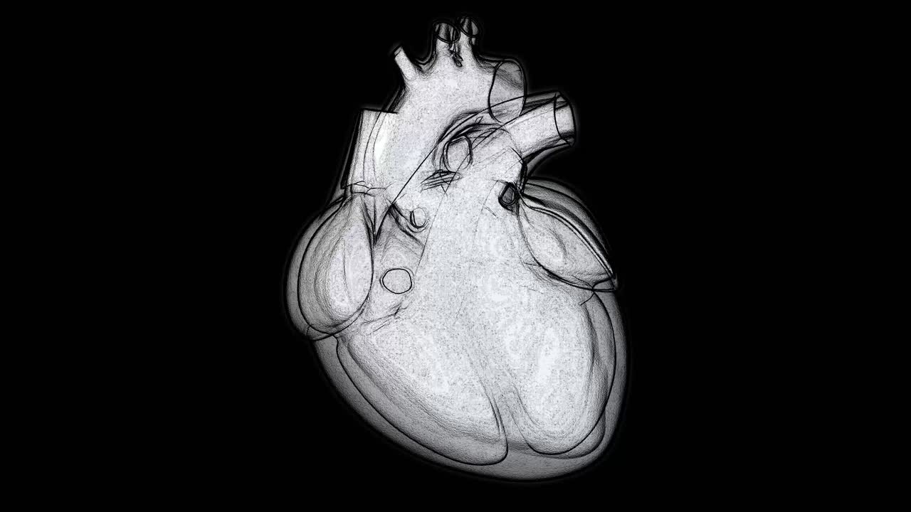 Medical animation of a beating human heart with a black and white pencil sketch aesthetic on an isolated black background