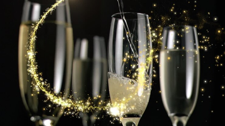 Animazione di fuochi d'artificio che si muovono intorno a champagne versato nei flûte su sfondo nero