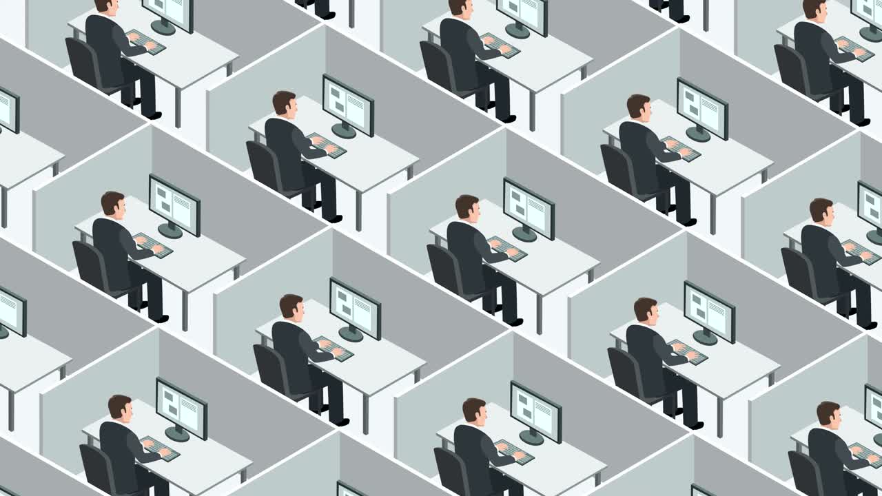 큐비클 (cubicle) 은 닫힌 사무실 작업 공간으로, 동일한 사업가들이 컴퓨터에서 열심히 일합니다.