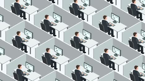 espacio de trabajo de oficina cerrado. personas de negocios idénticas trabajan duro en la computadora