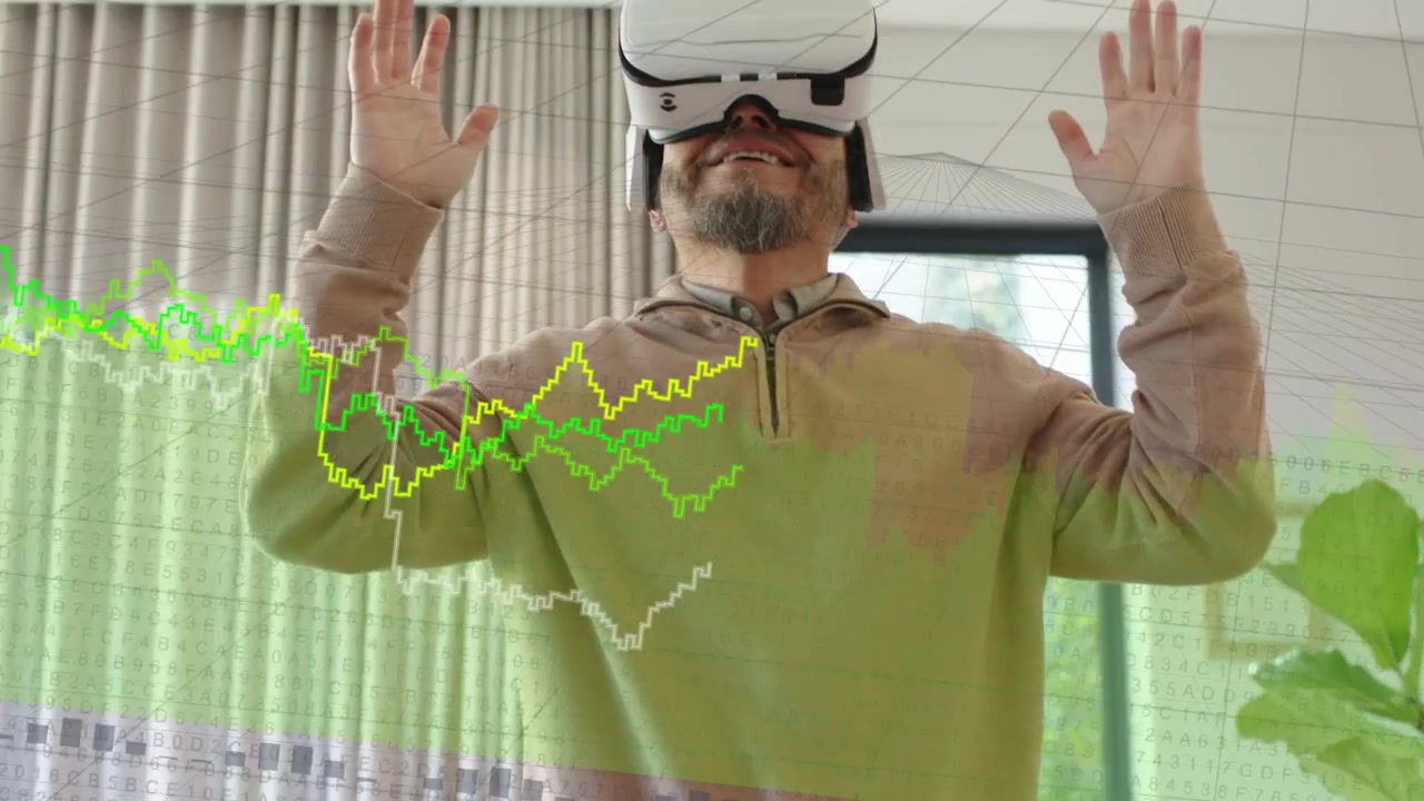 Homme mûr prenant un casque VR blanc, l'enfilant, debout, gesticulant pour interagir avec des formes d'onde et guider la navigation technologique