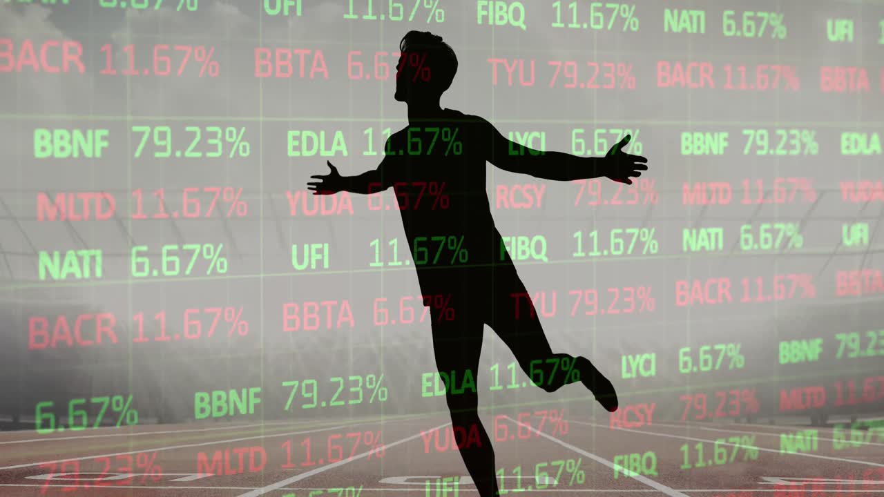 Procesamiento de datos del mercado de valores sobre la silueta de un atleta masculino celebrando en un campo deportivo