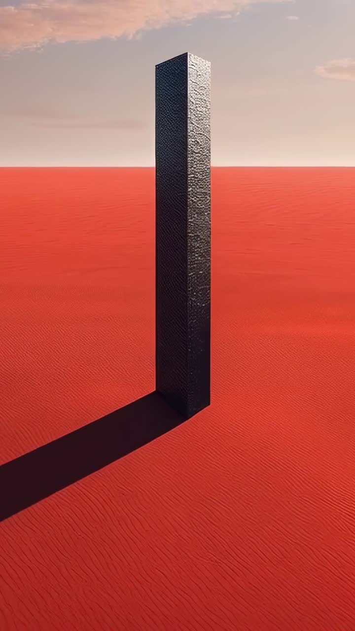 Video verticale: luce mutevole che crea un riflesso su un pilastro nero su un piano rosso, lunga ombra diagonale