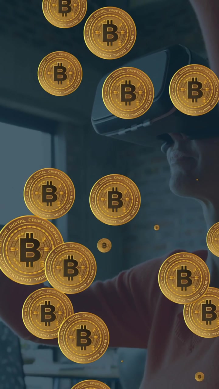 Animação de bitcoins sobre empresária usando headset VR