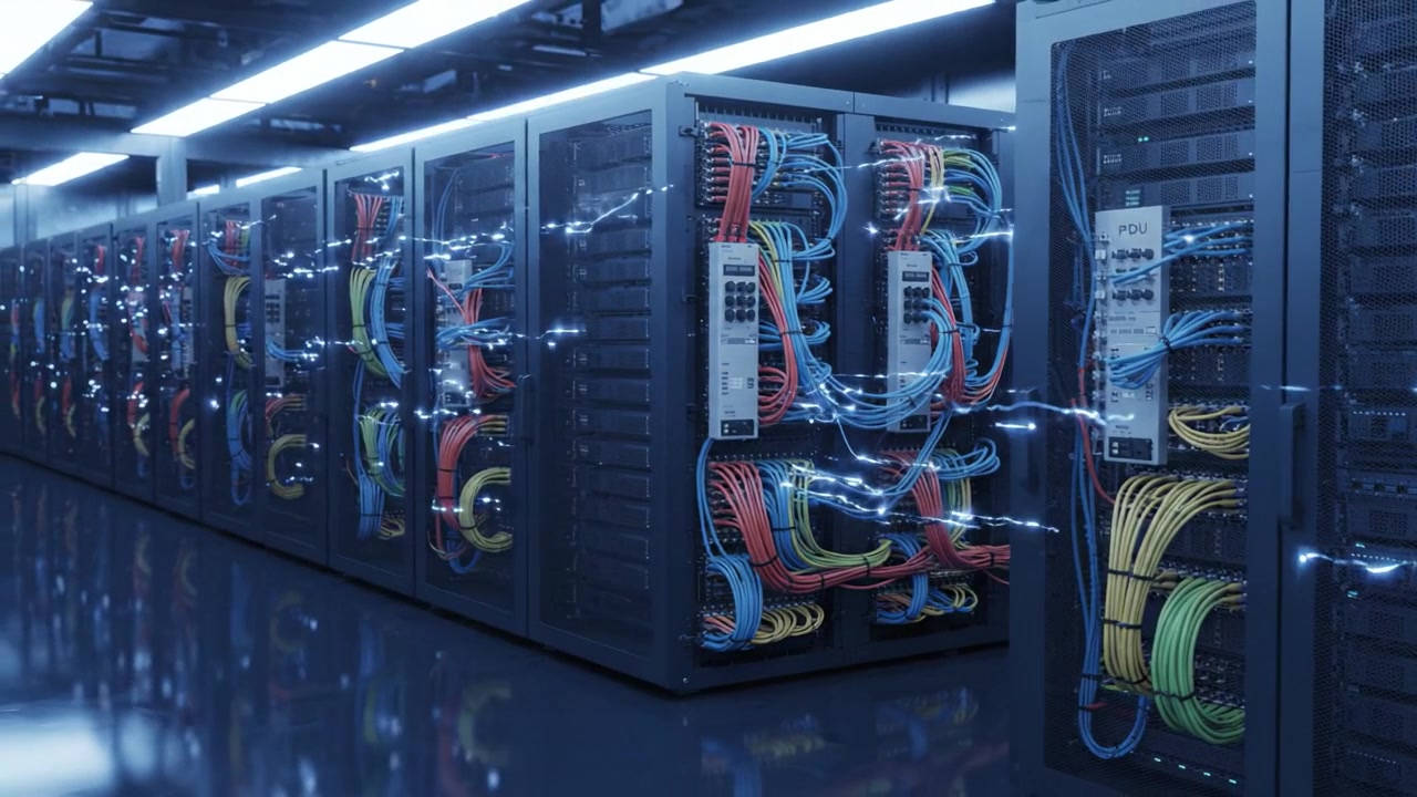 A High-Tech Data Center Featuring Multiple Server Racks with Colorful Cabling and Modern Equipment in a Clean, Illuminated Environment