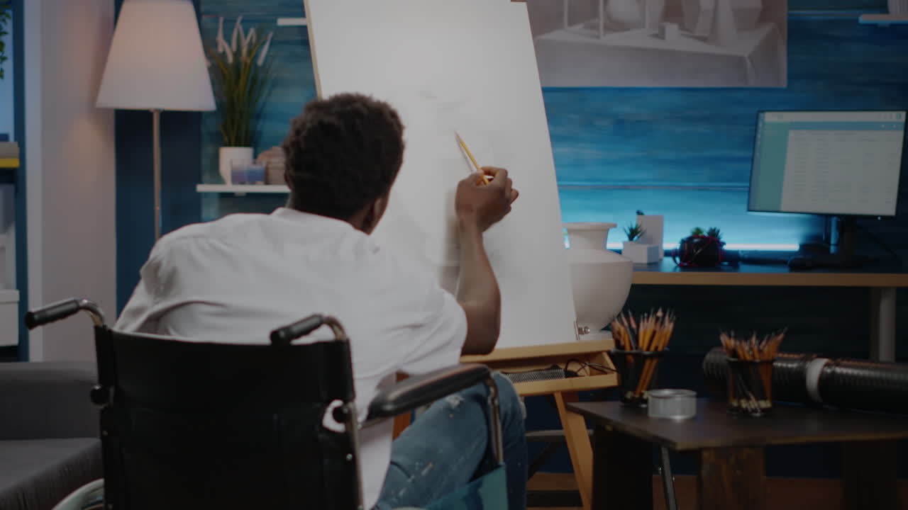 Disabled african american artist working on drawing
