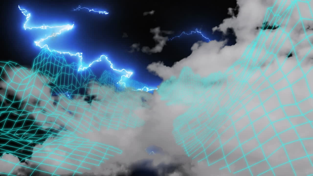 Glowing turquoise wireframe peaks rising through gray clouds with blue lightning arcs flashing